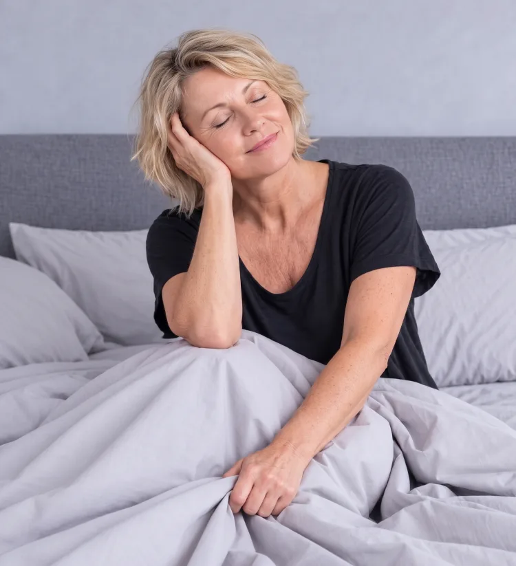 Woman resting on a bed made with Velin Silver Thread sheets