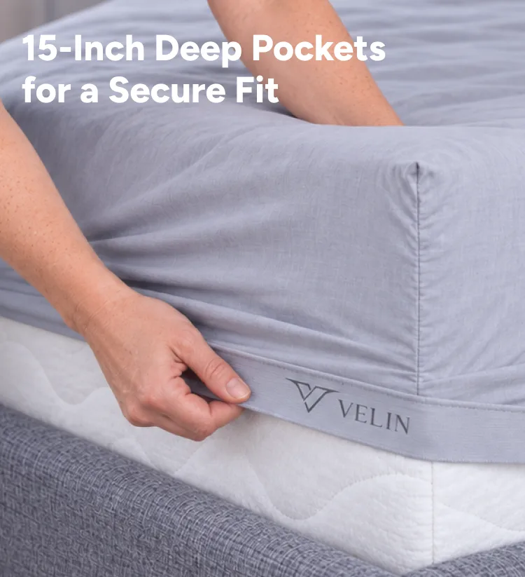 15-inch deep-pocket fitted sheet being fitted to a mattress