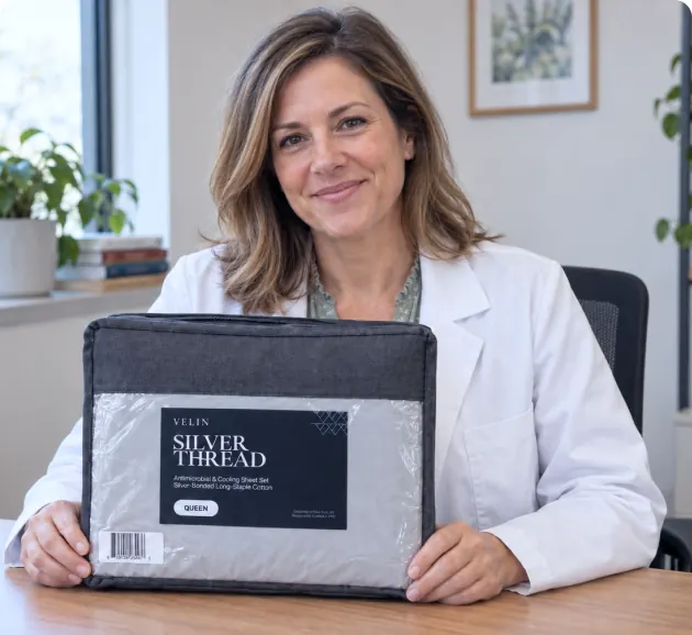 Sleep specialist holding a Velin Silver Thread sheet set